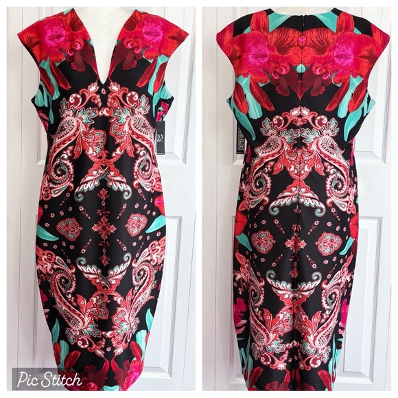 NWT New York & Co. Red Floral Paisley Scuba Knit Midi Dress XL - Picture 1 of 16